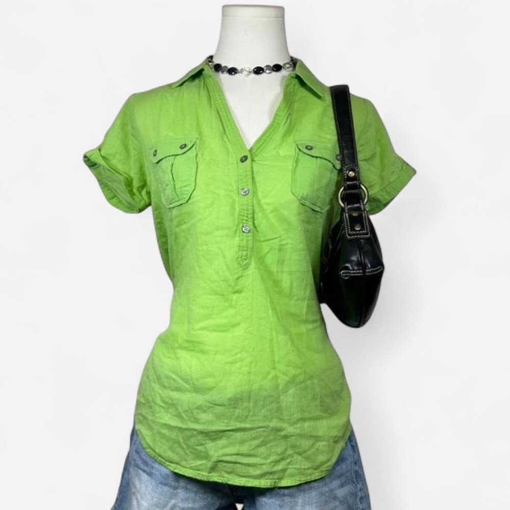 Y2K Old Navy Lime Green Button Up Short Sleeve Henley Top Womens S